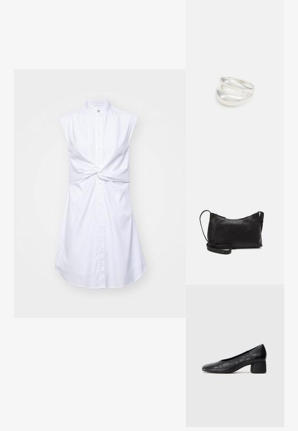 Biely bezrukávový šaty s vysokým golierom, predným zapínaním na gombíky a uzlovým detailom v oblasti pásu. Hladká tkanina s miernym leskom.; Čierne kožené lodičky s okrúhlou špičkou a stredne blokovým podpätkom. Hladká textúra s minimálnymi detailami, so subtílnym elastickým otvorom.; Čierna kožená ramenná taška s hladkou textúrou, zakriveným tvarom, nastaviteľným popruhom a zipsom. Minimalistický dizajn bez ozdôb.; Strieborný prsteň s dvojitým pásikom s hladkým, lesklým povrchom. Má plynulý, zakrivený dizajn s prekryvajúcimi sa časťami pre moderný vzhľad.