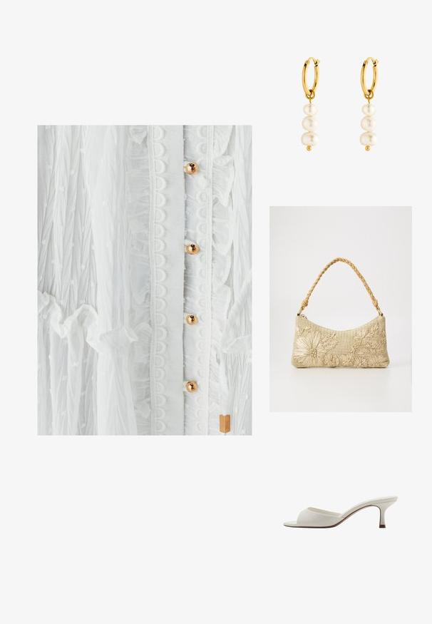 Hvid kjole med tekstureret stof, flæser, cirkulær blondekant og guldtonede knapper. Subtil prikmønster forbedrer designet.; Hvide åbne højhælede mules med en glat finish, minimalistisk design og en slank hæl, der har en subtil brun accent på sålen.; Håndtaske med flettet håndtag lavet af beige vævet materiale, der har blomstermotiver med en struktureret finish og en buet silhuet.; Guld hoop øreringe med tre hvide perler, der fremviser en glat tekstur og en rund form, med en lille guld accent under perlerne.