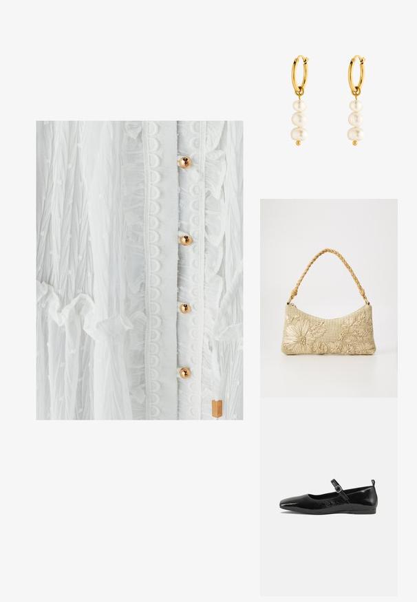 Biele šaty s textúrovanou tkaninou a volánikmi, s okrúhlym čipkovým lemovaním a zlatými gombíkmi. Jemný vzor bodiek zlepšuje dizajn.; Čierne lakované baleríny s špicatou špičkou, remienkom na členku so sponou a hladkým, lesklým povrchom. Nízky podpätok pre pohodlie.; Taška s pleteným uchom vyrobená z béžového tkaného materiálu, s kvetinovými ozdobami s textúrovaným povrchom a zakriveným siluetou.; Zlaté kruhové náušnice s tromi bielymi perlami, ktoré vystavujú hladký povrch a okrúhly tvar, s malým zlatým akcentom pod perlami.