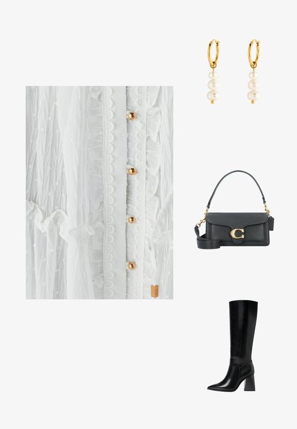 Hvid kjole med tekstureret stof, flæser, cirkulær blondekant og guldtonede knapper. Subtil prikmønster forbedrer designet.; Knæhøje sorte læderstøvler med spids tå, glat tekstur og en chunky rillede hæl for stabilitet. Elegant design med minimale accenter.; Sorte læderhåndtaske med et gyldent hardware-udstyr, der har en signaturlås, en aftagelig skulderrem og en tekstureret overflade.; Guld hoop øreringe med tre hvide perler, der fremviser en glat tekstur og en rund form, med en lille guld accent under perlerne.