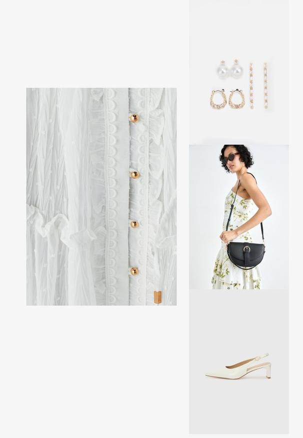 Bijela haljina s teksturiranim materijalom, volanima, okruglim čipkastim obrubom i zlatnim dugmadi. Suptilan uzorak točkica dodatno naglašava dizajn.; Bijela patent kožna sandala sa uskog vrha i niskom blok petom. Ima suptilnu traku s detaljem zlatnog kopčanja.; Crna kožna torba s lukovitim oblikom, odvojivim remenom i zlatnim detaljima. Torba ima preklop s kopčom.; Tri para naušnica: velike bijele biserne naušnice, zlatne kružne naušnice s prozirnim draguljima i dva duga, ravna zlatna naglasna naušnica s sjajnim detaljima.