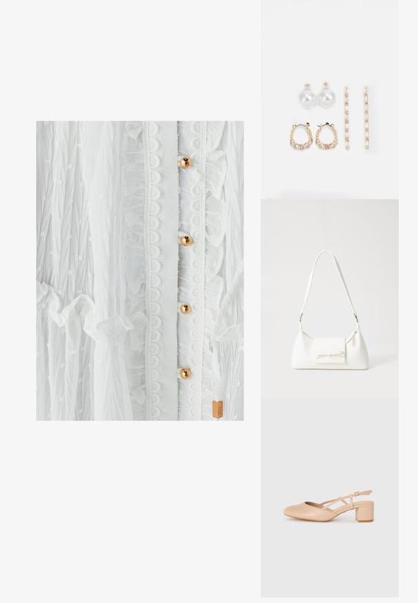 Hvid kjole med tekstureret stof, flæser, cirkulær blondekant og guldtonede knapper. Subtil prikmønster forbedrer designet.; Beige hælede sko med en glat læderfinish, mandelformet tå og krydsende stropper. Kraftig blokhæl for stabilitet.; Hvid syntetisk håndtaske med en trekantet form, flad forsideklap og sløjfedetalje, justerbar strop, glat tekstur og minimalistisk design.; Tre par øreringe: store hvide perle studs, guld hoops med klare ædelstene, og to lange, lige guld accenterøreringe med glitrende detaljer.
