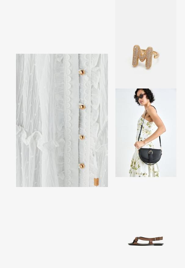 Hvid kjole med tekstureret stof, flæser, cirkulær blondekant og guldtonede knapper. Subtil prikmønster forbedrer designet.; Brune lædersandal med åben tå og udskæringer på siden. Har en ankelrem med en metalspænde og en flad sål.; Sort læderhåndtaske med en buet form, aftagelig rem og guldfinish. Tasken har en klap med en spænde detalje.; Guldring med et stort "M" design, prydet med små klare rhinsten, glat skinnende skæft, moderne dristigt udseende.