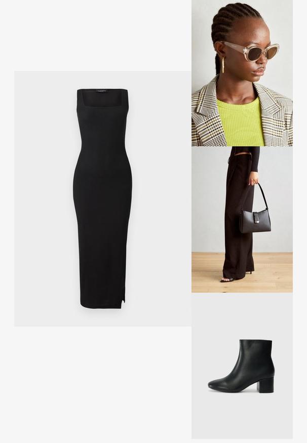Černé žebrované pletené midi šaty se čtvercovým výstřihem, přiléhavým střihem a bočním rozparkem. Materiál má hladkou strukturu. Jednoduchý design.; Černé kožené kotníkové boty s špičatou špičkou a robustním podpatkem. Hladký povrch s minimálními akcenty a elegantním, přiléhavým designem.; Průhledné sluneční brýle ve stylu kočičích očí se hnědými skly a průhlednými rámy. Modelka má na sobě zelený žebrovaný top a károvaný blazer. Zlacené kruhové náušnice.; Černá kabelka se strukturovaným tvarem, hladkým povrchem a kovovým uzávěrem. Kombinována s širokými černými kalhotami a sandály s otevřenou špičkou na dřevěné podlaze.