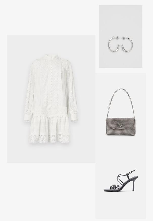 Balta kleita ar garām piedurknēm un augstu apkakli. Iezīmējas ar sarežģītiem mežģīņu rakstiem, teksturētu audumu un daudzslāņu apakšmalu. Priekšpusē ar pogu aizdari.; Melnas augstpapēžu sandales ar plāniem siksniņām un mezgla dizainu, gluda kvadrātveida purngalu un elegantu stiletto papēdi.; Gaiši pelēka metāla rokassoma ar ķēdes siksnu, rotāta ar mazām apaļām metāla kniedēm un trīsstūra zīmola logo.; Sudraba riņķveida auskari ar gludu, spīdīgu apdari. Apaļas formas, viegla dizaina, ar aizdari uz stieples.