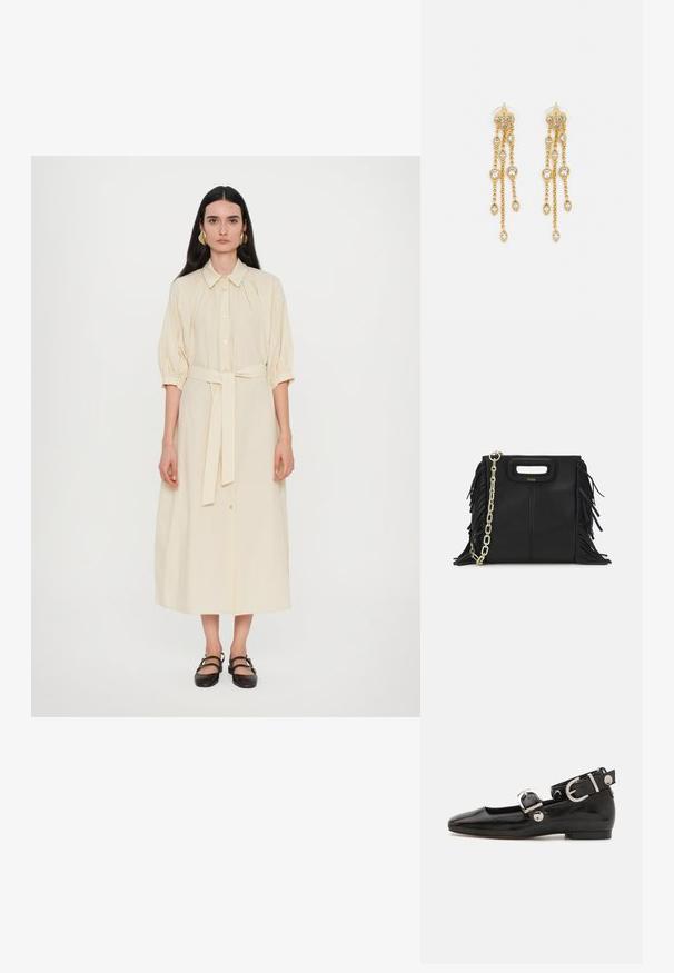 Kremasta duga haljina košulja s ovratnikom, prednjim kopčanjem, balon rukavima i svezanom remenom u struku. Nosene crne ravne cipele.; Crne lakirane balerinke sa četvrtastim vrhom, remenom oko zapešća sa srebrnim detaljima i ravnim đonom. Glatka tekstura s minimalističkim dizajnom.; Crna kožna torba s resicama, zlatnim lančićem za rame i rukohvatom u obliku izreza. Sadrži logo na prednjoj strani.; Zlatne naušnice s višestrukim kaskadnim lancima, s prozirnim ovalnim cirkonima i dekorativnim šiljcima na vrhu.