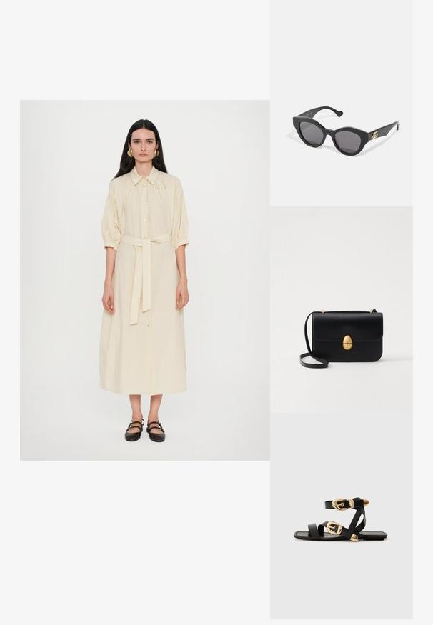 Abito lungo di colore crema con colletto, chiusura a bottoni, maniche a palloncino e cintura annodata in vita. Indossate scarpe nere flat.; Sandali neri in pelle con dettagli in oro, caratterizzati da più cinghie e una suola piatta per un design open-toe.; Occhiali da sole neri con una forma angolare a occhio di gatto, dotati di lenti scure. Accento del logo dorato sulla tempia. Montatura in plastica liscia.; Borsa a tracolla in pelle nera con forma rettangolare strutturata. Presenta una chiusura ovale dorata e una sottile tracolla. Texture liscia.