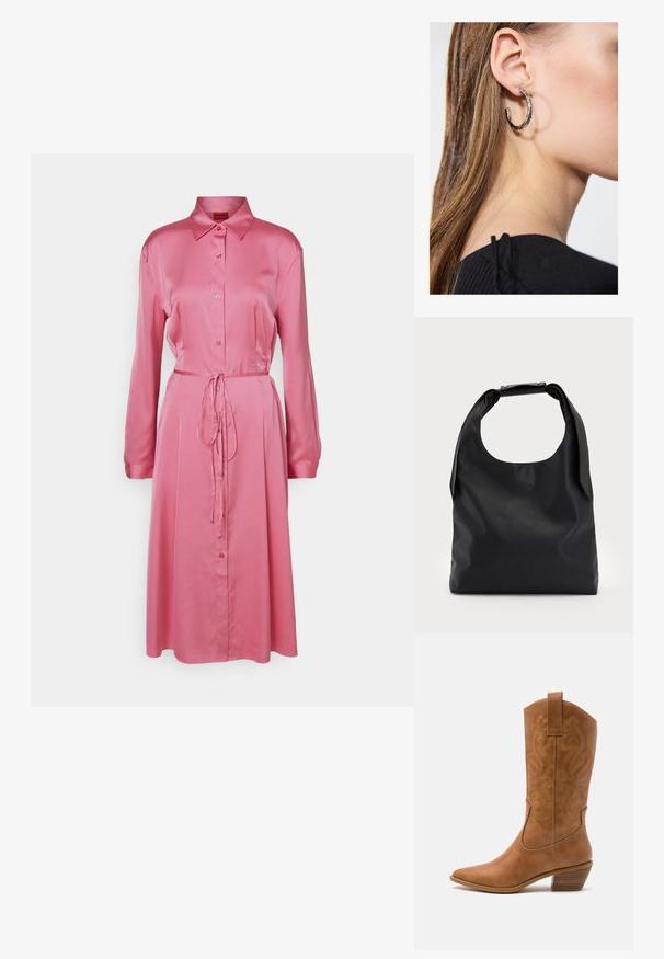 HUGO KLEOMA - Skjortekjole - open pink; Tan læder cowboystøvle med spids tå, broderede svirvelmønstre på skaftet og en stablet blokhæl. Har en træksløjfe for nem af/på.; Sort læderhåndtaske med en stor åben top og en enkelt skulderrem. Blød tekstur, minimalistisk design, indeholder diskrete metalaccenter.; Sølv hoop ørestik med en poleret overflade, prydet med små guld accenter og en rund form, båret på øreflippen.