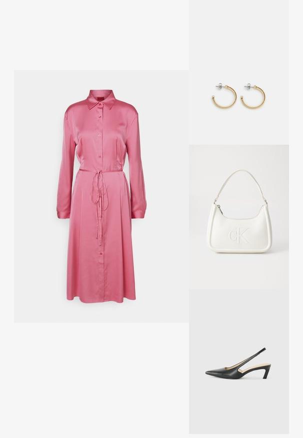 HUGO KLEOMA - Blusenkleid - open pink; Schwarzer spitz zulaufender Slingback-Schuh mit niedrigem Absatz, der aus glattem Leder gefertigt ist und seitliche Ausschnitte für Atmungsaktivität aufweist.; Weiße Lederhandtasche mit abgerundeter Form, ausgestattet mit einem geprägten "CK"-Logo auf der Vorderseite und einem Einzel-Schultergurt. Reißverschluss oben.; Goldene Creolen mit einem gedrehten Seil-Design, silbernen Stegen und quadratischen Akzenten. Glatte metallische Oberfläche mit poliertem Finish.
