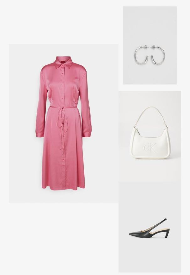HUGO KLEOMA różowy; Czarny but na obcasie typu slingback z ostro zakończonym noskiem, z niskim obcasem, wykonany z gładkiej skóry, z wycięciem po boku dla lepszej wentylacji.; Biała skórzana torebka o zaokrąglonym kształcie, z wytłoczonym logo "CK" z przodu i pojedynczym paskiem na ramię. Zapięcie na zamek z góry.; Srebrne kolczyki na biglu o gładkim, błyszczącym wykończeniu. O zaokrąglonym kształcie, lekkim designie, z zamknięciem na zatrzask.