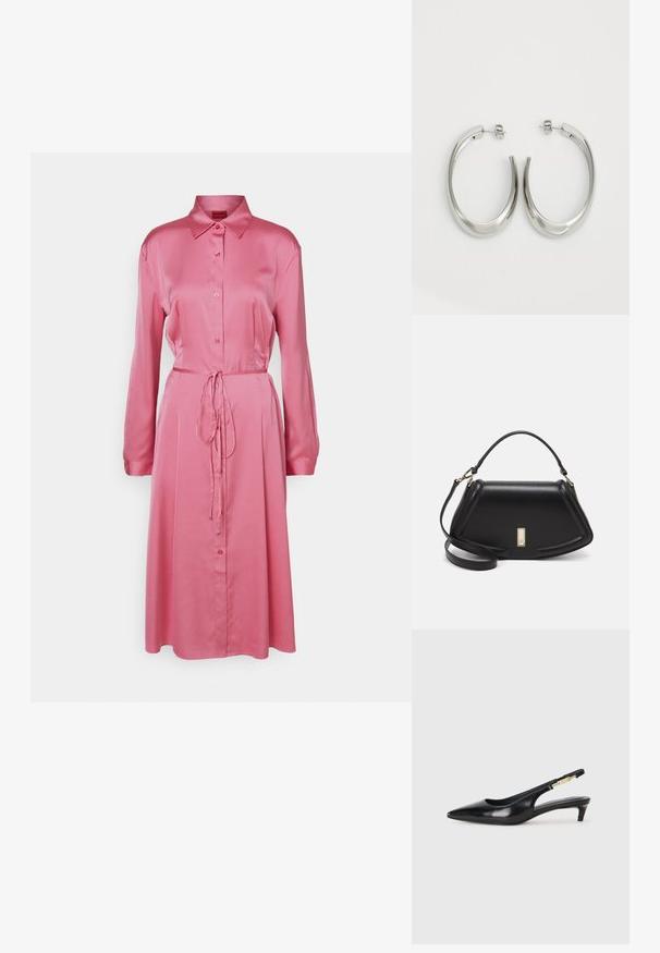HUGO KLEOMA - Skjortekjole - open pink; Sorte lærreim hæler med spiss tå, som har en slank hæl og en gullfarget detalj på den justerbare stroppen. Glatt tekstur.; Sort lærveske med en strukturert design, som har en avkortet form, topphåndtak og detaljer i gull. Justerbar skulderstropp inkludert.; Sølvøreringer med en jevn, buet design. Har en blank metallisk finish og en studlås. Ingen synlige mønstre eller aksenter.