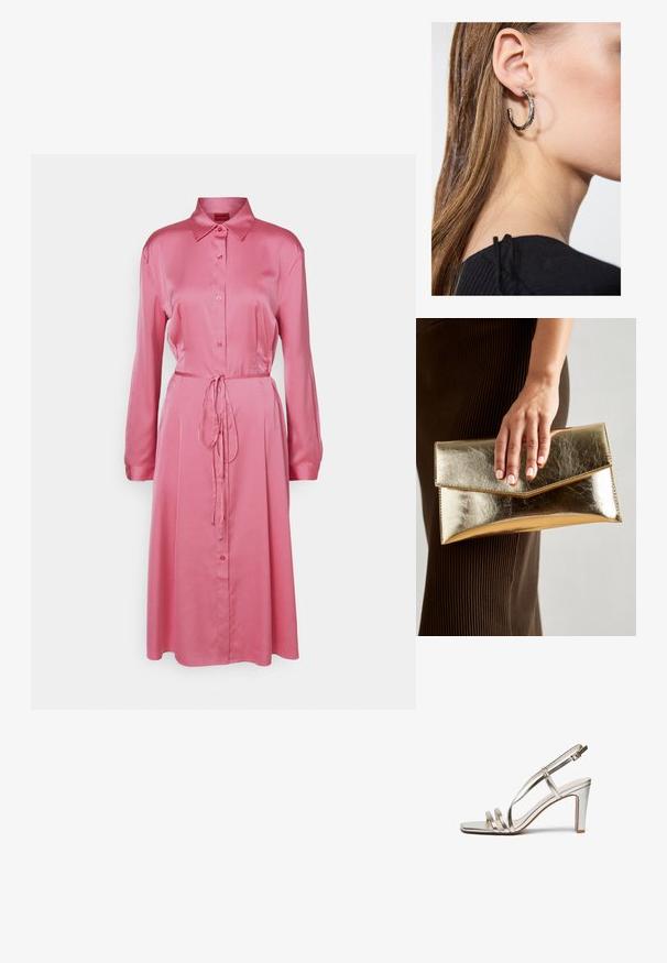 HUGO KLEOMA - Skjortekjole - open pink; Metallic sølv højhælet sandal med åben tå, der har tre tynde stropper over foden og en ankelstrop med spænde.; Guldmetalisk clutch-taske med en glat tekstur, der har en trekantet klaplukning. Den hånd, der holder den, har pænt manicurede negle.; Sølv hoop ørestik med en poleret overflade, prydet med små guld accenter og en rund form, båret på øreflippen.