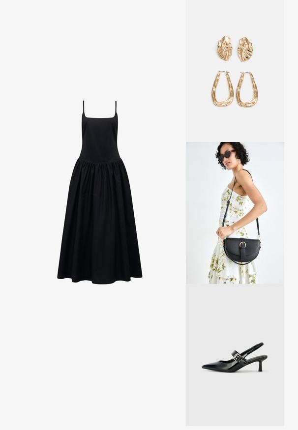 Rochie neagră fără mâneci, cu decolteu pătrat și fustă plină, cu plisaje. Confecționată dintr-un material neted, oferind o siluetă fluidă.; Sandale cu toc din piele patent neagră, cu vârful ascuțit și un toc mic bloc, având un accent cu cataramă argintie pe curea.; Geantă din piele neagră, cu o formă curbată, curea detașabilă și accesorii aurii. Geanta are un capac cu un detaliu tip cataramă.; Cercei aurii cu forme texturate și ondulate. Include studs sculpturale cu clip și un design de cerc deschis cu un finisaj cioplit.