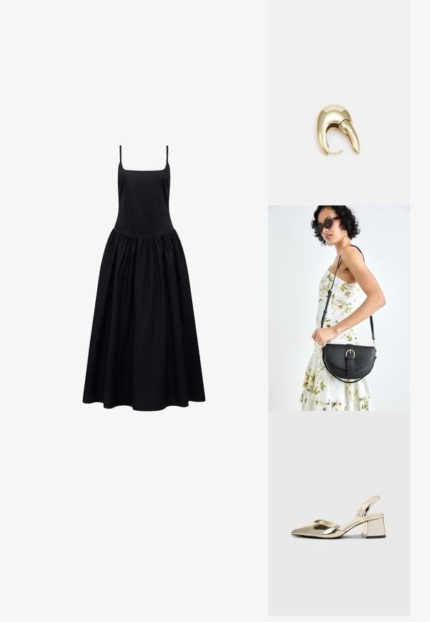Svart ermeløs kjole med firkantet utringning og en samlet, full skjørte. Laget av glatt stoff som gir en flytende silhuett.; Gull, metallisk slingback-hæler med spiss tå og chunky hæl. Glatt tekstur, minimalistisk design og en smal stropp.; Svart lærveske med en buet form, avtagbar stropp og gullbeslag. Vesken har et klaff med spenne-detall.; Gullfarget metalløredobber med et elegant, buet design. Har en karakteristisk spiss form, polert overflate og hengsel-lukking.