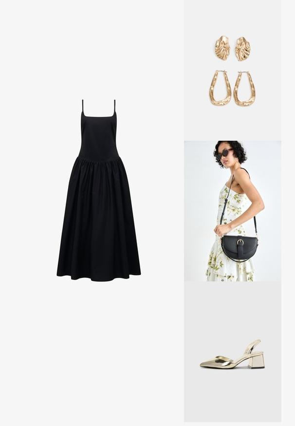 Rochie neagră fără mâneci, cu decolteu pătrat și fustă plină, cu plisaje. Confecționată dintr-un material neted, oferind o siluetă fluidă.; Pantofi cu toc slingback metalici aurii, cu vârf ascuțit și toc chunky. Textură netedă, design minimalist și o curea subțire.; Geantă din piele neagră, cu o formă curbată, curea detașabilă și accesorii aurii. Geanta are un capac cu un detaliu tip cataramă.; Cercei aurii cu forme texturate și ondulate. Include studs sculpturale cu clip și un design de cerc deschis cu un finisaj cioplit.
