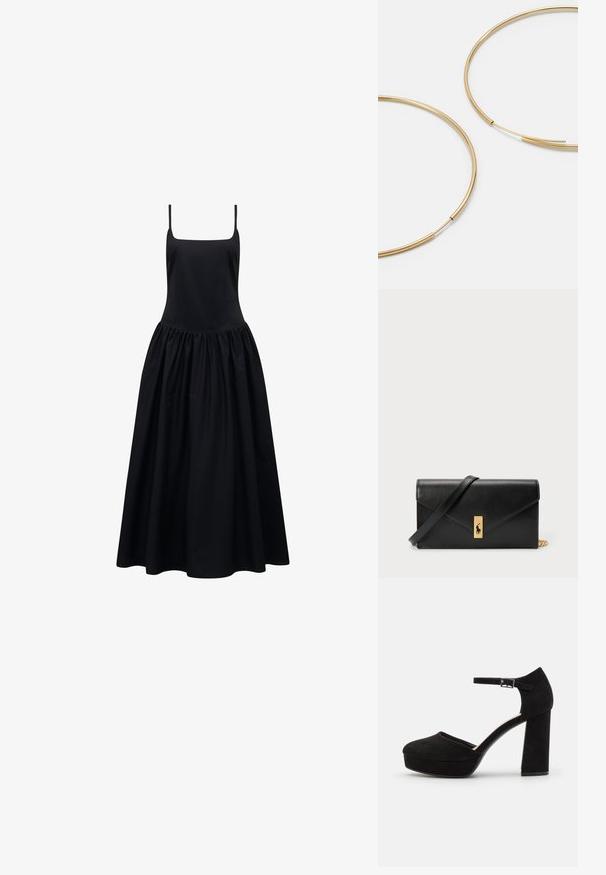 Melna bezpiedurkņu kleita ar kvadrātveida dekoltē un savilkta, pilna svārka. Izgatavota no gludas auduma, nodrošinot plūstošu siluetu.; Melna zamšāda platforma ar biezu bloku papēdi, noapaļotu purngalu un potītes siksniņu, kas nostiprināta ar metāla sprādzi. Gluda virsma visā apjomā.; Zelta krāsas auskari gredzena formā, plāni un apaļi, ar gludu metāla apdari un bez rotājumiem vai zīmējumiem.; Melnas ādas maku ar pārklājošu flapu, zelta detaļām, ar logotipa akcentu. Ietver noņemamu siksniņu pārvadāšanai.