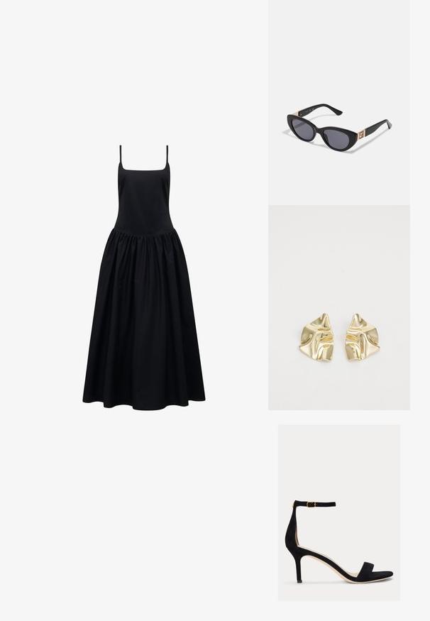 Černé šaty bez rukávů se čtvercovým výstřihem a nařasenou, plnou sukní. Vyrobeny z hladké látky, nabízející splývavý siluetu.; Lauren Ralph Lauren ALLIE MID HEEL SUEDE SANDAL - Páskové sandály - black; Guess Sluneční brýle - shiny black; Zlaté kovové náušnice s vlnitým designem; hladký, lesklý povrch; asymetrický tvar; žádné viditelné vzory nebo hardware.