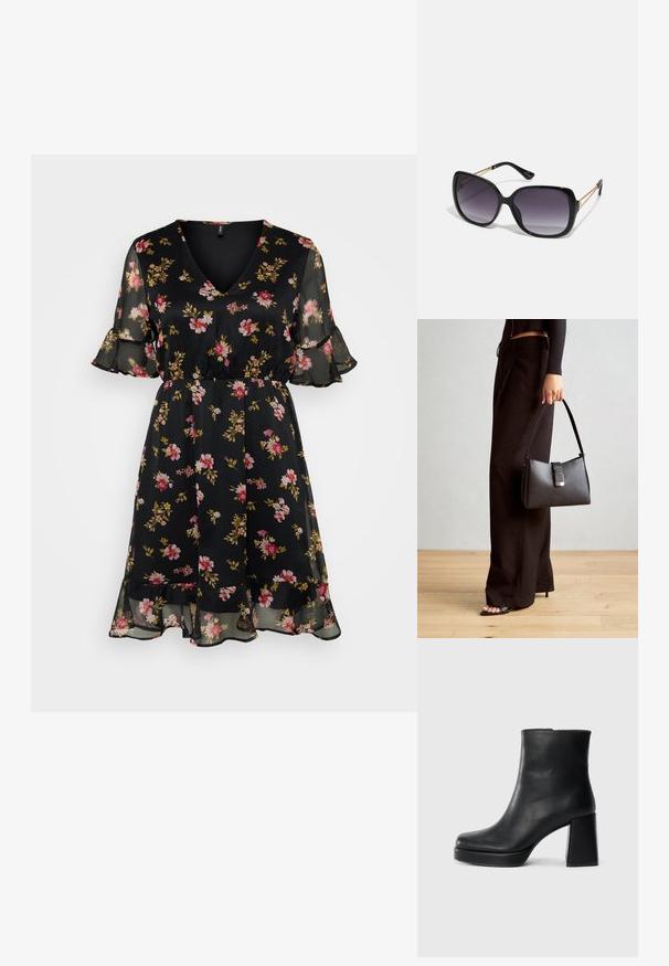 Vestido preto com estampado floral, decote em V, mangas curtas e esvoaçantes, cintura elástica e barra com franjas em camadas. Apresenta padrões de flores rosa e amarelas no tecido.; Bota de couro preta até ao tornozelo com salto bloco e sola com plataforma, vista de lado sobre um fundo branco liso.; Óculos de sol oversized pretos com lentes degradê, armações grossas e detalhes em corrente dourada nas hastes.; Bolsa preta com forma estruturada, textura suave e um fecho metálico. Combinada com calças largas pretas e sandálias de salto aberto sobre um chão de madeira.