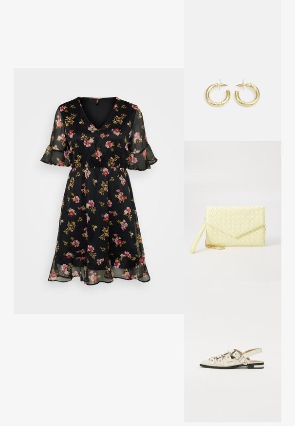 Melnas ziedu kleitas ar V-veida dekoltē, īsām plandošām piedurknēm, elastīgu jostas daļu un pakāpenisku volānu apakšmalu. Audumam ir rozā un dzeltenu ziedu raksti.; Baleta sandalītes baltā ādā ar vairākiem platām siksnām un sudraba sprādzēm; plakana zole ar mazu melnu papēdi un metalizētām akcentiem.; Dzeltena austs kabata ar atloku dizainu, noņemamu plaukstas siksnu un zeltītu ķēdes akcentu. Gluda tekstūra un taisnstūra forma.; Zelta auskari ar gludu, spīdīgu apdari. Apaļš dizains, kas ietver mazu tapu un caurspīdīgu pamatni drošai valkāšanai.