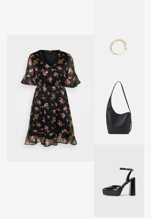 Musta kukkamekko V-pääntiellä, lyhyillä liehuvillä hihoilla, joustavalla vyötäröllä ja kerrostetulla röyhelöhelmallä. Kankaassa on vaaleanpunaisia ja keltaisia kukkakuosia.; Mustat korkeat platform-kengät, joissa on terävä kärki ja säädettävä nilkkaremmi. Valmistettu sileästä nahasta ja varustettu paksulla lohkokorkeudella.; Musta nahkainen hobo-laukku, jossa on sileä pinta, kaareva muoto ja yksi säädettävä olkahihna; sisäänkäynti on leveä ylhäältä.; Kultaketju, jossa on orgaaninen, kierretty muotoilu, sileä pinta ja cappatut päät, luoden modernin, veistoksellisen ilmeen.