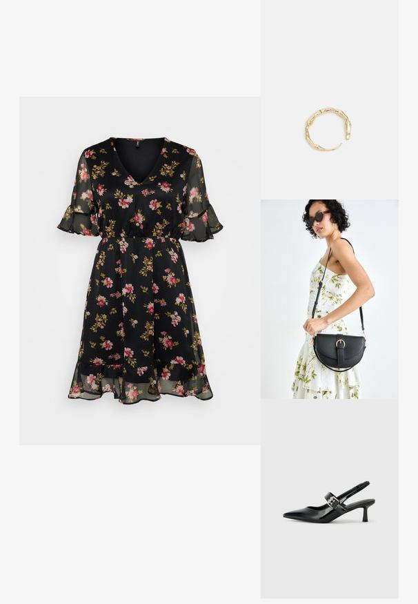 Črna cvetna obleka z V-izrezom, kratkimi letečimi rokavi, elastičnim pasom in večstopenjskim volanom na robu. Na blagu so vzorci rož v roza in rumeni barvi.; Črne patent usnjene slingback pete s koničastim nosom in majhnim blok peto, ki vključujejo srebrno zaponko na traku.; Črna usnjena torbica s ukrivljeno obliko, z odstranljivo naramnico in zlatimi dodatki. Torbica ima pokrov s podrobnostmi v obliki zaponke.; Zlati prstan s organskim, zvitim dizajnom, gladko površino in taperiranimi konci, ki ustvarja modernega, skulpturalnega videza.