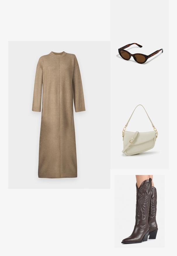 Strikket kjole i en myk beige farge, med høyt halsutskjæring, lange ermer og rett snitt med en midtsømdetalj.; Brune skinncowboystøvler med spiss tå og blokkhelt, med detaljerte sømmer og hevede detaljer på skaftet.; Brune skjellbåt solbriller med en vintage katteøyeform og brune linser. Har buede stenger med røde detaljer.; Liten kremfarget håndveske med teksturert overflate, lang justerbar stropp, kjedeakenter og klaffelukking. Detaljer i gullfarge.
