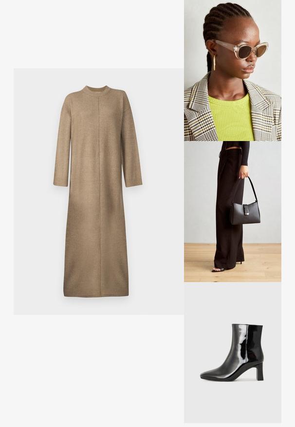 Kötött ruha puha bézs színben, magas nyakkal, hosszú ujjakkal és egyenes szabással, középen varrással.; Fekete lakk bőrcipő bokáig érő, hegyes orral és közepes magasságú tömbsarokkal. Simább textúrával és minimalista dizájnnal rendelkezik.; Tiszta macskaszem napszemüveg barna lencsékkel és átlátszó kerettel. Model éppen egy zöld bordázott felsőt és kockás blézert visel. Arany fülbevalók.; Fekete kézi táska strukturált formával, sima textúrával és fémből készült záródással. Széles fekete nadrággal és nyitott orrú szandállal párosítva, fából készült padlón.