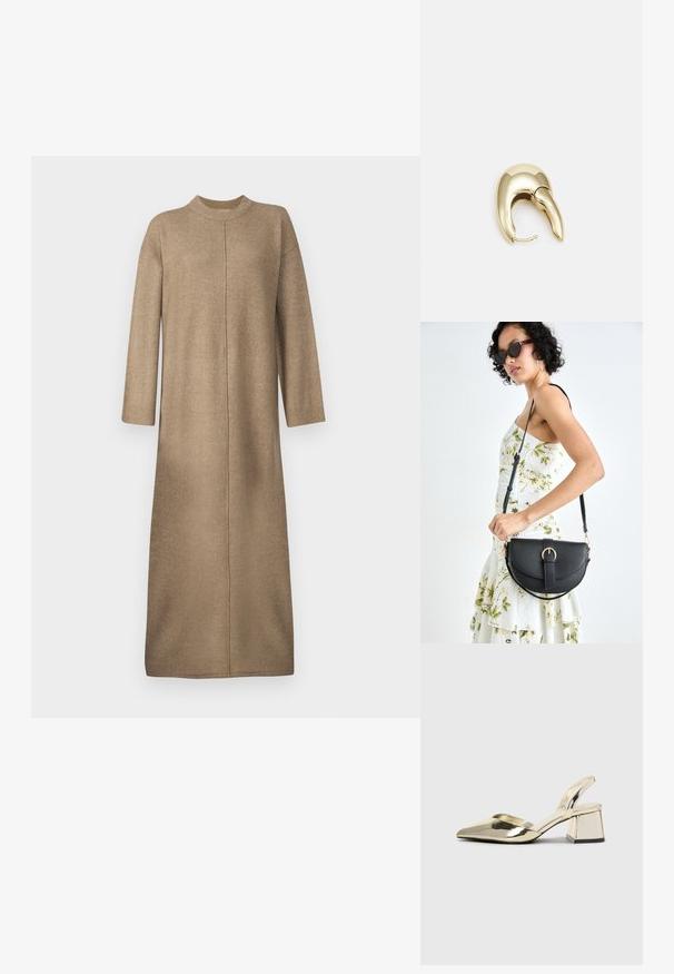 Trikotāžas kleita maigi bežā krāsā, ar augstu apkakli, garām piedurknēm un taisnu piegriezumu ar vidus šuvju detaļu.; Zeltaini, metāla kurpes ar siksniņām, norakans purngalis un masīla papēdis. Gluda tekstūra, minimālisma dizains un šaura siksna.; Melnas ādas rokassoma ar izliekta formu, noņemamu siksnu un zelta aksesuāriem. Somai ir vāciņš ar sprādzes detaļu.; Zeltīti metāla auskari ar gludu, izliekta dizaina. Ar atšķirīgu smailu formu, pulētu virsmu un eņģu aizdari.