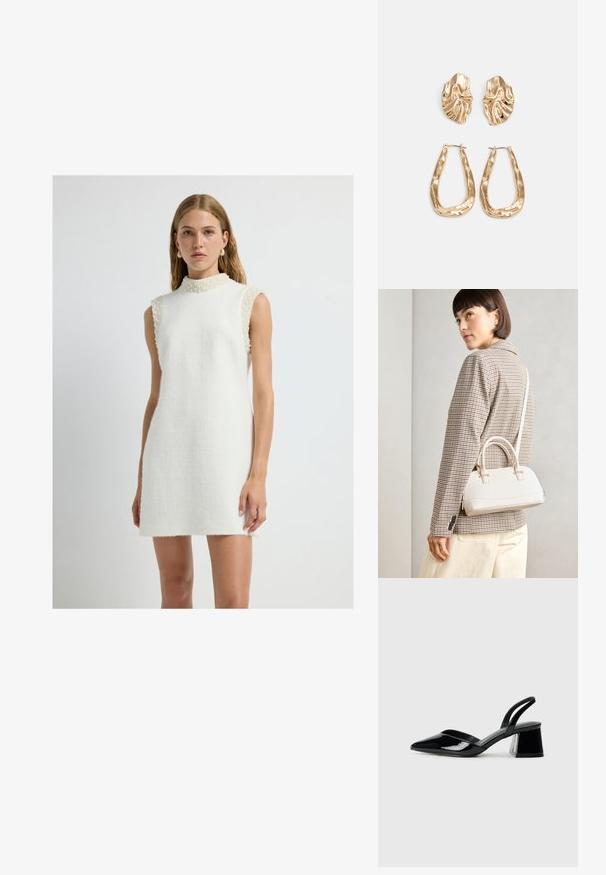 Ärmelloses weißes Kleid aus strukturiertem Stoff mit hohem Kragen, das mit Perlenakzenten an den Schultern und einer geraden Silhouette versehen ist.; Schwarze Lackleder-Slingback-High Heels mit spitzem Schuh und einem geometrischen Blockabsatz. Verfügt über ein schlankes, minimalistisches Design und eine glatte Textur.; Weiße strukturierte Handtasche mit kurzen Griffen und einem Schultergurt, ausgestattet mit goldfarbenen Hardware-Elementen und strukturiertem Material, vor einem grauen Hintergrund präsentiert.; Ohrringe in Goldoptik mit strukturierten, gewellten Formen. Beinhaltet skulpturale Clip-Ohrringe und ein offenes Hoop-Design mit gehämmertem Finish.