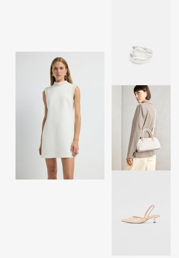 Ärmelloses weißes Kleid aus strukturiertem Stoff mit hohem Kragen, das mit Perlenakzenten an den Schultern und einer geraden Silhouette versehen ist.; Beige Lackleder Slingback-Pumps mit spitzem Vorderteil und einem schlanken, quadratischen Absatz. Glatte Textur und minimalistisches Design ohne Verzierungen.; Weiße strukturierte Handtasche mit kurzen Griffen und einem Schultergurt, ausgestattet mit goldfarbenen Hardware-Elementen und strukturiertem Material, vor einem grauen Hintergrund präsentiert.; Silberner Doppelring mit einer glatten, polierten Oberfläche. Verfügt über ein fließendes, kurviges Design mit überlappenden Abschnitten für einen modernen Look.