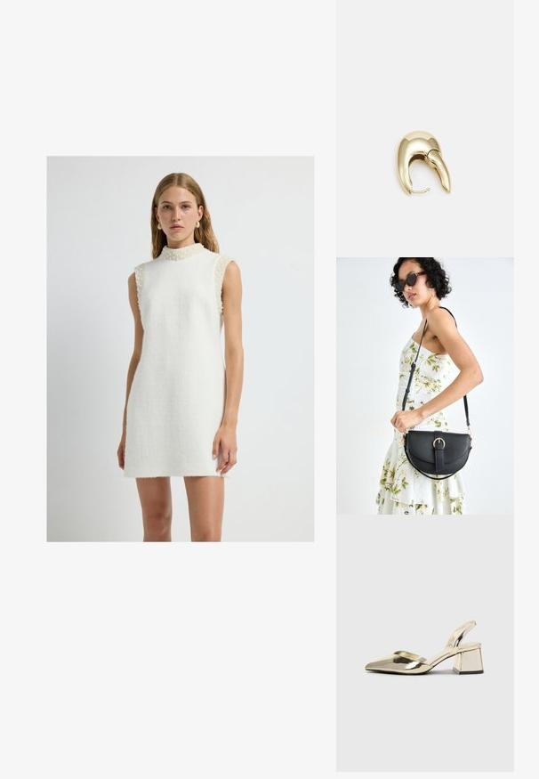 Sleevless hvid kjole lavet af tekstureret stof med høj krave, med perleaccentuerede skuldre og en lige silhuet.; Guld, metalliske slingback-hæle med spids tå og kraftig hæl. Glat tekstur, minimalistisk design og en smal strop.; Sort læderhåndtaske med en buet form, aftagelig rem og guldfinish. Tasken har en klap med en spænde detalje.; Guldtonet metal ørering med et slankt, buet design. Har en karakteristisk spids form, poleret overflade og hængselåbning.