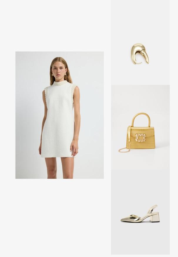 Sleevless hvid kjole lavet af tekstureret stof med høj krave, med perleaccentuerede skuldre og en lige silhuet.; Guld, metalliske slingback-hæle med spids tå og kraftig hæl. Glat tekstur, minimalistisk design og en smal strop.; Gul faux-krokodille skuldertaske med struktureret design, top-håndtag, aftagelig kædetraske og dekorativ krystaldekoration på låsen.; Guldtonet metal ørering med et slankt, buet design. Har en karakteristisk spids form, poleret overflade og hængselåbning.