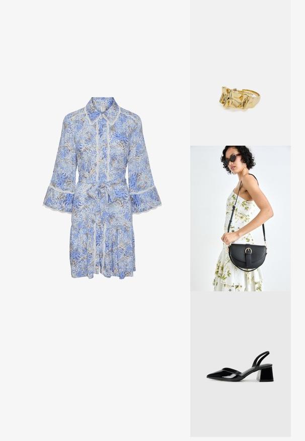 Modra obleka s cvetličnim vzorcem, z ovratnikom, napihnjenimi rokavi, čipkastim robom in pasom. Ima detajl v obliki nagubanega krila.; Črne lakirane slingback pete s koničastim nosom in geometrijsko blokasto peto. Imajo eleganten, minimalističen dizajn in gladko teksturo.; Črna usnjena torbica s ukrivljeno obliko, z odstranljivo naramnico in zlatimi dodatki. Torbica ima pokrov s podrobnostmi v obliki zaponke.; Zlati prstan z teksturiranim, valovitim dizajnom, ki ima tri izrazite vrhove. Gladka, sijoča površina z odprtim pasom za prilagodljivo prileganje.
