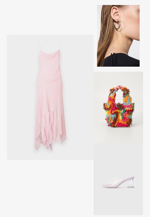 Rožinė midi suknelė su plonomis petnešomis, turinti drapiruotą krūtinę ir asimetrišką hemą. Pagaminta iš lengvos, plazdančios medžiagos su lygiu paviršiumi.; Šviesiai violetinės aukštakulnės šlepetės su skaidriu plastikiniu priekiniu sieneliu ir permatomu blokiniu kulnu. Lygus paviršius, atviras pirštų dizainas, minimalistinė forma.; Karoliukų rankinė, pasižyminti ryškiomis spalvomis: rožinė, oranžinė, mėlyna ir ruda. Tekstūruotas paviršius su apvaliais karoliukais ir organinėmis formomis, tvirtos rankenos.; Sidabrinė lankinė auskarai su poliruotu paviršiumi, turintys mažus auksinius akcentus ir apvalią formą, dėvimi ant ausies kaušelio.