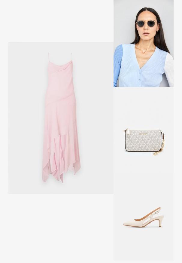 Rosa midiklänning med tunna axelband, med en drapera överdel och asymmetrisk fåll. Tillverkad av lätt, flödande tyg med en mjuk textur.; Vit slingbackklack med spetsig tå, slät ovandel, låg blockklack och sidoutskärning med justerbar spänne.; Runda solglasögon med mörka linser och guldramar. Modellen bär en ljusblå, ribbad cardigan med knappar och kontrasterande vita ärmar.; Michael Kors handledos i beige belagd kanvas med ett upprepande MK-logomönster, gyllene detaljer och ett avtagbart kedjehandtag.