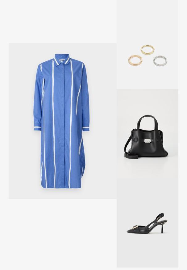 Marimekko RUNOELMA PUHVELI wielokolorowy; Czarna skórzana mokasynka z odkrytym piętą, spiczastym noskiem, smukłym obcasem i akcentem w kolorze złotym na cholewce. Gładka faktura i zorganizowany design.; Czarna skórzana torebka z teksturowanym wykończeniem, wyposażona w dwie górne rączki, odczepiany pasek na ramię oraz detal w postaci srebrnego zapięcia.; Trzy metalowe pierścienie: jeden w różowym złocie, jeden złoty z teksturowanymi akcentami, oraz jeden srebrny, wszystkie z wygrawerowanym brandingiem na wewnętrznej stronie.