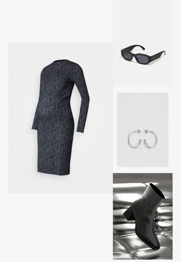 Rochie de maternitate dintr-un material tricotat de culoare albastru închis cu un model de dungi gri deschis, cu mâneci lungi, siluetă ajustată și guler rotund.; Cizme negre până la gleznă, realizate dintr-un material lucios, cu vârf pătrat și toc conic, plasate pe un fundal strălucitor de argint, cu un model tuftat.; Ochelari de soare negri cu rame dreptunghiulare, finisaj mat, lentile întunecate și brațe ușor curbate. Accente subtile cu logo pe o ramă.; Cercei creole din argint cu suprafață netedă și lucioasă, având o formă curbată și închidere cu tija. Design minimalist cu un finisaj modern.