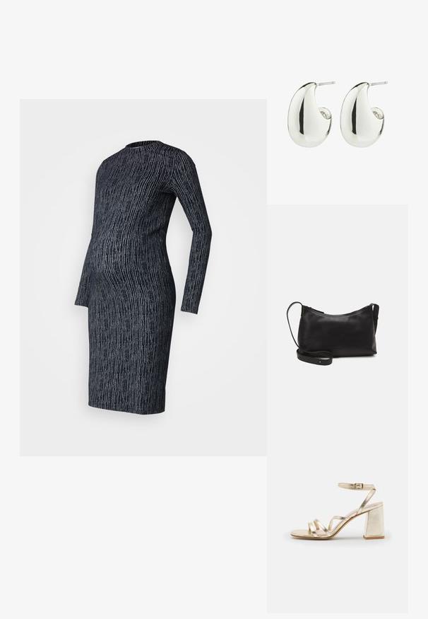 Grūtniecības kleita tumši zilā trikotāžas audumā ar gaiši pelēku svītru rakstu, garām piedurknēm, pieguļoša silueta un apaļu kakla izgriezumu.; Zign LEATHER - Augstpapēžu sandales - gold; Melna ādas plecu soma ar gludu tekstūru, izliekta forma, regulējama siksna un rāvējslēdzēja aizdare. Minimālistisks dizains bez rotājumiem.; Sudraba tonēta metāla auskari ar gludu, noapaļotu asaru formu un pulētu apdari, ar stiepļa aizmuguri, nodrošinot drošu valkāšanu.