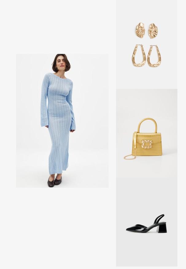 Ilgi piedurkņu, pieguļošs kleitas modelis gaismas zila adījumā ar teksturētu, atvērtu austumu rakstu. Tam ir laivu griezuma dekoltē un izplestās piedurknes, kas beidzas pie potītēm.; Melna lakota āda ar atvērto papēdi, ar smailu purngalu un ģeometrisku blokpapēdi. Iezīmējas elegants, minimāls dizains un gluda tekstūra.; Dzeltena mākslīgā krokodila roku soma ar strukturētu dizainu, augšējo rokturi, noņemamu ķēdes siksniņu un dekoratīvām kristāla rotājumiem aizdares daļā.; Zelta krāsas auskari ar teksturētām, viļņotām formām. Iekļauts skulpturāls piespraužams modelis un atvērta gredzenveida konstrukcija ar izsistām virsmām.