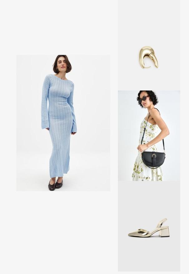 Dlhý rukáv, priliehavé šaty v svetlomodrej pletenine s textúrovaným otvoreným vzorom. Majú lodičkový výstrih a rozšírené rukávy, končiace pri členkoch.; Zlaté kovové lodičky na podpätku so špicatou špičkou a robustným podpätkom. Hladký povrch, minimalistický dizajn a úzka remienok.; Čierna kožená kabelka s zaobleným tvarom, odnímateľným popruhom a zlatými doplnkami. Kabelka má klopu s detailom s prackou.; Náušnice z kovu v zlatej farbe s elegantným, zakriveným dizajnom. Majú charakteristický špicatý tvar, leštený povrch a uzáver na pánt.
