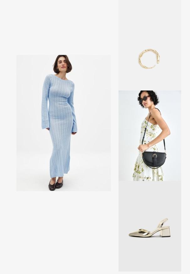 Langærmet, tætsiddende kjole i lyseblå strik med et tekstureret, åbenvævet mønster. Den har en bådhals og flagrende ærmer, der ender ved anklerne.; Guld, metalliske slingback-hæle med spids tå og kraftig hæl. Glat tekstur, minimalistisk design og en smal strop.; Sort læderhåndtaske med en buet form, aftagelig rem og guldfinish. Tasken har en klap med en spænde detalje.; Guld-tone ring med et organisk, snoet design, glat overflade og affasede ender, hvilket skaber et moderne, skulpturelt udseende.