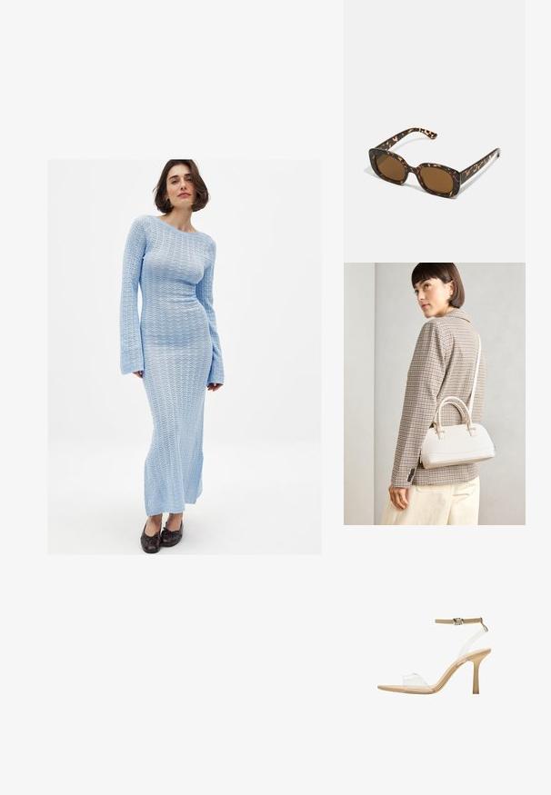 Dolga obleka s dolgimi rokavi, prilegajoča, v svetlo modrem pletivu z teksturiranim, odprtovitim vzorcem. Ima čolnasto izrezano ovratnik in razširjene rokave, ki se končajo pri gležnjih.; Sandal z jasnim petnikom s prozornim zgornjim delom, bež podplatom in sivim trakcem okoli gležnja. Ima koničast nos in tanek visoki petek.; Sončna očala iz kornjačine s poudarjenim, okroglim okvirjem in rjavimi lečami. Imajo subtilne vzorce in ravne, zožene ročke.; Bela strukturirana torba z kratkimi ročaji in naramnim trakom, z zlatimi okrasnimi elementi in teksturiranim materialom, prikazana na sivi podlagi.