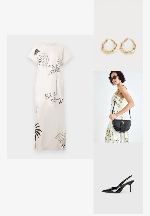 Długa biała sukienka z czarnymi printami palm, muszelek oraz tekstem "Sol de Palma", z krótkimi rękawami i bocznymi rozcięciami.; Czarne lakierowane skórzane buty na obcasie typu stiletto z szpiczastym noskiem, z cienkim paskiem i złotą klamrą na białym tle.; Czarna skórzana torebka o zakrzywionym kształcie, z odpinanym paskiem i złotymi akcentami. Torebka posiada klapę z zapięciem w kształcie klamry.; Złote kolczyki w kształcie obręczy z falistym, teksturowanym wzorem. Posiadają cienkie zapięcie na druciku oraz wypolerowaną, odbijającą światło powierzchnię.
