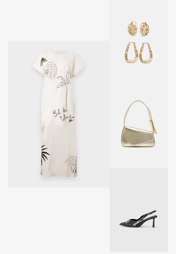 Długa biała sukienka z czarnymi printami palm, muszelek oraz tekstem "Sol de Palma", z krótkimi rękawami i bocznymi rozcięciami.; Czarne lakierowane buty typu slingback z ostrym noskiem, paskami na kostkach z srebrnymi klamrami i elementami metalowymi oraz smukłym obcasem.; Złota metaliczna torebka o strukturalnym designie, gładkiej powierzchni i regulowanym pasku. Charakteryzuje się unikalnym trójkątnym kształtem i minimalistycznym przeszyciem.; Złote kolczyki w odcieniu, prezentujące teksturowane, faliste kształty. Zawierają rzeźbiarskie klipsy i otwarty projekt kółek z młotkowanym wykończeniem.
