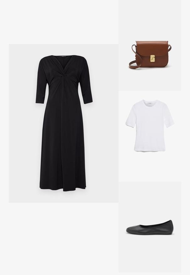WEEKEND MaxMara CALANTE - Jerseyjurk - nero; Witte korte mouwen t-shirt van ribstof. Ronde halslijn, normale pasvorm en subtiele stiksels. Geen patronen of grafische elementen.; Zwarte leren ballerina met een ronde neus, gladde textuur, minimale stikdetails en een flexibele zoolontwerp.; Bruine leren handtas met een klep sluiting, gouden hardware, een schouderband en een gladde textuur. Compact rechthoekige vorm.