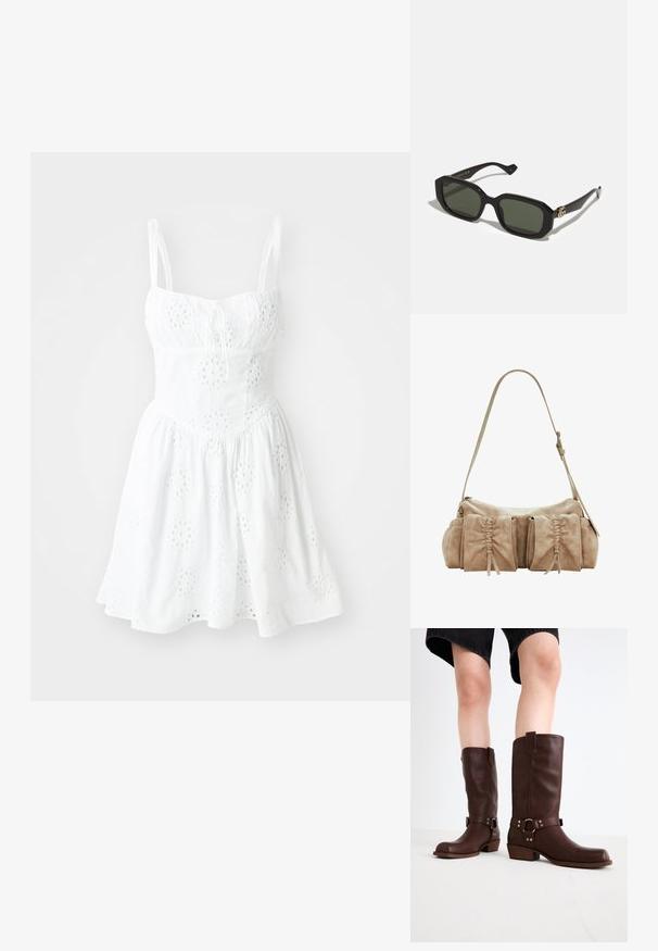 Rochie albă cu bretele subțiri ajustabile, cu un bust ajustat și o fustă evazată. Prezintă broderie cu ochiuri și un detaliu cu șnur la decolteu.; Cizme din piele maro, până la genunchi, cu vârf rotunjit, suprafață texturată, curea la gleznă și detalii din metal argintiu; toc înălțat.; Ochelari de soare rectangulari negri cu lentile verzi solide, având un finisaj lucios și un accent auriu cu logo pe lateral.; Geantă de mână din suede bej, cu o formă rotundă, având trei buzunare pliate pe partea din față și o singură curea ajustabilă.