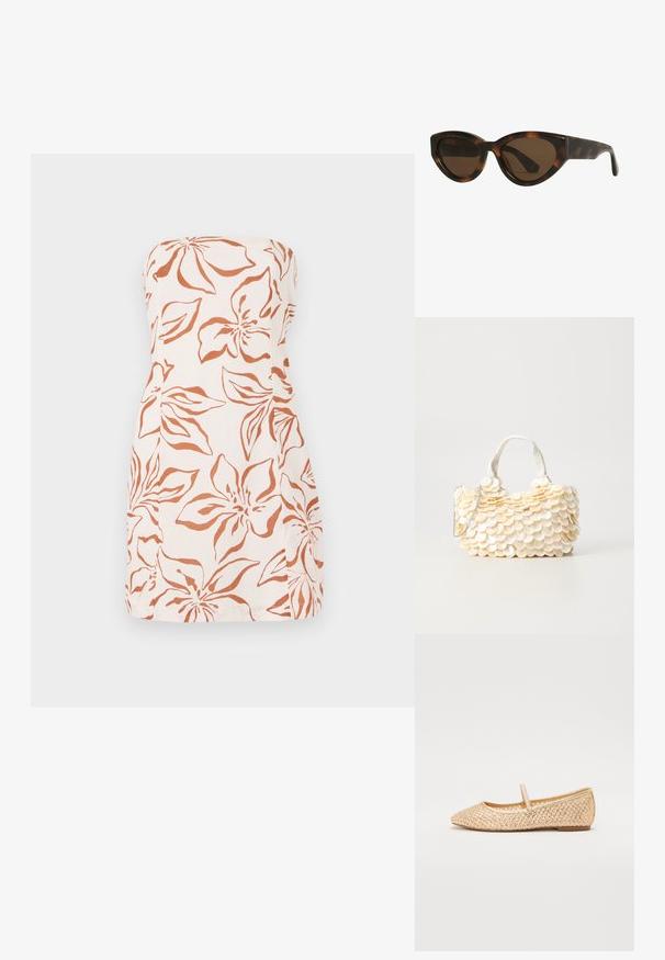 Robe sans bretelles en tissu léger, avec un motif floral orange sur fond crème. Coupe droite avec un ourlet simple.; Ballerines tissées en or avec un nez pointu, une semelle plate et une sangle sur le coup de pied. Présente des motifs texturés sur le matériau supérieur.; Lunettes de soleil en forme d'œil de chat en écaille de tortue avec des verres marron, dotées de montures en plastique lisses et brillantes et d'un design élégant. Pas de logos ou d'accent visible.; Sac à main blanc avec des embellissements texturés en forme de coquillage à bords festonnés. Doté d'une anse tissée et d'une bandoulière en chaîne argentée pour plus de polyvalence.