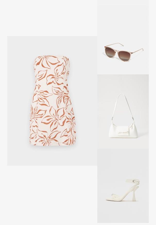 Kätketud õlgadega kleit heledast kangast, millel on oranž lillemuster koCream-taustal. Sirge lõige lihtsa äärisega.; Köitmine kõrge kontsaga sandaal valgest nahast, millel on stiilne disain, läbipaistev plokk-konts ja dekoratiivne element varvaste juures.; Prunade gradientiga prillid koos poolka sellest roosast raamistikust, ruudukujulised ning õhukeste metallist kätega. Omab ümarate servadega ja minimaalset detailide taset.; Valge sünteetilisest materjalist kott kolmnurkse kujuga, lame esiklapiga ja kaaredetailiga, reguleeritava rihmaga, sileda tekstuuriga ja minimalistliku disainiga.