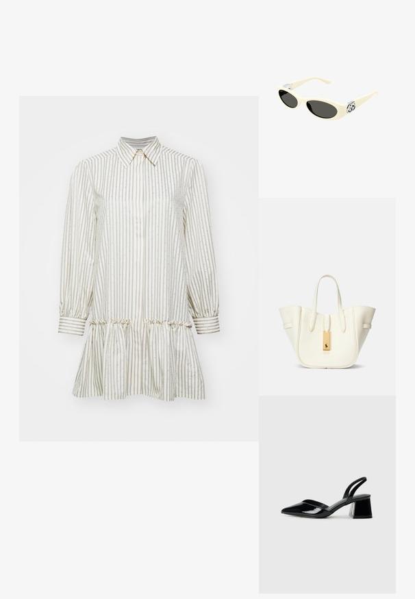 sandro DRESS WITH STRIPE - Kreklkleita - kaki/rose; Melna lakota āda ar atvērto papēdi, ar smailu purngalu un ģeometrisku blokpapēdi. Iezīmējas elegants, minimāls dizains un gluda tekstūra.; Kremkrāsas sauļošanās brilles ar ovālām lēcām, melnu tonējumu un metāla logotipa akcentiem pie tempļiem. Gluda tekstūra, kaķa acs dizains.; Balta ādas somiņa ar strukturētu formu, izteiksmīga šuvju apdare, zelta aksesuārs un divi rokturi. Tekstūrēta virsma ar sānu kabatām.