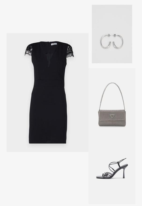 WAL G TALL SAMMY MINI DRESS - Rochie cocktail/Rochie petrecere - black; Sandale negre cu toc înalt au curele subțiri cu un design legat, un vârf pătrat neted și un toc stiletto elegant.; Geantă metalică gri deschis, cu un strap din lanț, decorată cu mici ținte circulare metalice și un logo de marcă triangular.; Cercei rotunzi din argint cu un finisaj neted și strălucitor. Design ușor, având o formă rotundă și închidere cu tijă.